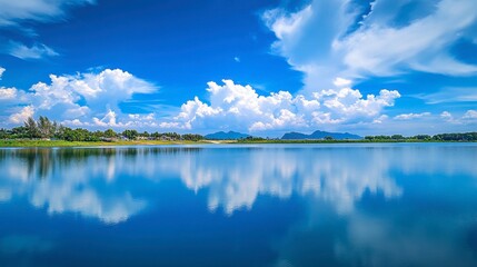 The tranquil beauty of Srinakarin Dam, with its vast reservoir reflecting the blue sky.
