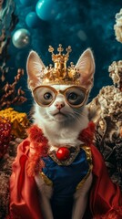 Capture the fun and charm of Dress Up Your Pet Day with a lively scene of pets in creative costumes, from dogs in superhero outfits to cats dressed as royalty, surrounded by playful props and joyful