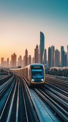 A modern train glides through the skyline of a vibrant city at sunset, showcasing urban transportation innovation.