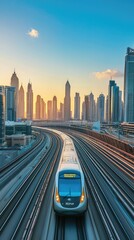 Fototapeta premium A modern train travels through a city skyline at sunset, showcasing urban development and transportation innovation.