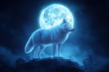 Obraz premium White Wolf Under Moonlight: A majestic white wolf stands tall on a rocky ledge, illuminated by a radiant full moon, its glowing eyes reflecting the celestial light.