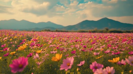 Fototapeta premium The vibrant flower fields at Flora Park Wang Nam Khiao in full bloom, with bright hues of pink and yellow.
