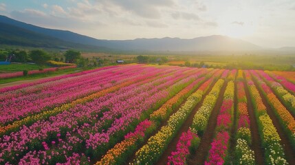 The vibrant flower fields at Flora Park Wang Nam Khiao in full bloom, with bright hues of pink and yellow.
