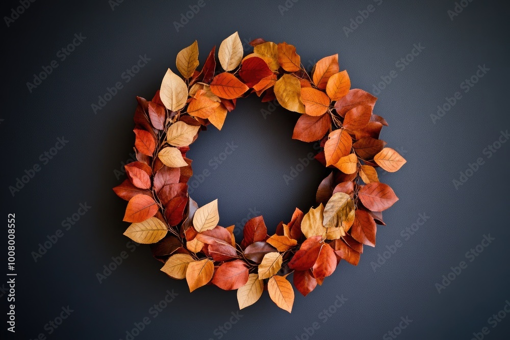 Wall mural A Circular Wreath of Dried Autumn Leaves Against a Dark Blue Background