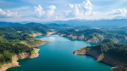 Fototapeta premium The wide, open landscapes of Lam Takhong Reservoir, perfect for scenic nature photography.