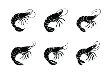 Prawn Icons silhouette set. Shrimp vector silhouette white background
