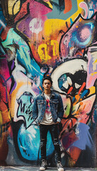 Fototapeta premium Position the model in front of colorful, expressive graffiti walls, using the urban art as part of the visual storytelling