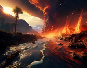 Fototapeta premium A picture of a volcanic eruption disaster, with fire flowing down from the mountain and into the sea, Generative AI