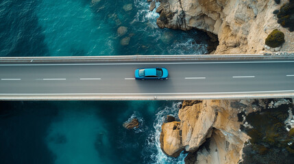 Top down view of an electric car driving on a road surrounded by the sea. Aerial photography