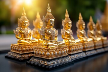 A close-up of the golden guardian statues at the Temple of the Emerald Buddha, standing watch over the sacred grounds, with every intricate detail captured in stunning clarity.