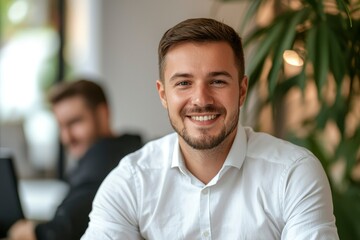 Obraz premium A smiling man in a white shirt looks directly at the camera