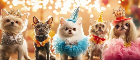Celebrate Dress Up Your Pet Day with an adorable and lively scene featuring pets of all kinds--dogs, cats, and more--dressed in playful costumes, from tiny tuxedos to colorful tutus