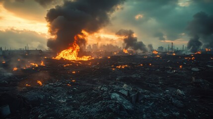 Fototapeta premium Huge fire raging through industrial waste landfill near city at sunset