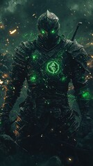 A mystical warrior stands in dark armor, glowing with green energy, amid a battlefield filled with smoke and chaos.