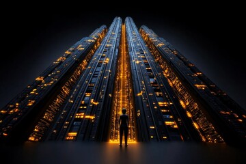 A figure standing at the base of a futuristic city, looking up at the towering buildings and glowing lights, representing the endless possibilities of tomorrow in a high-tech world