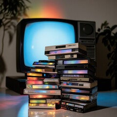 Retro VHS Tapes and Vintage Television Display