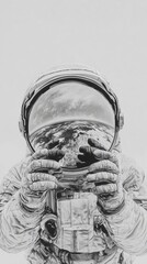 Depict a realistic image of an astronaut exploring the surface of a distant planet, with a reflective helmet capturing the vast, starry cosmos, and the rugged terrain beneath them