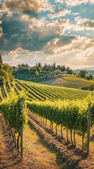 Fototapeta premium A picturesque vineyard landscape with lush green vines under a dramatic sky, showcasing the beauty of nature and winemaking.