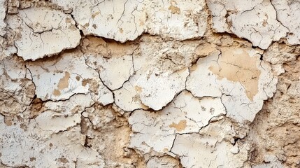 Fototapeta premium A textured stucco wall in beige, featuring natural cracks and imperfections that enhance its rustic charm and character, perfect for a cozy, earthy aesthetic