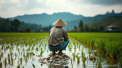 Obraz premium AI image generate farmer in paddy field