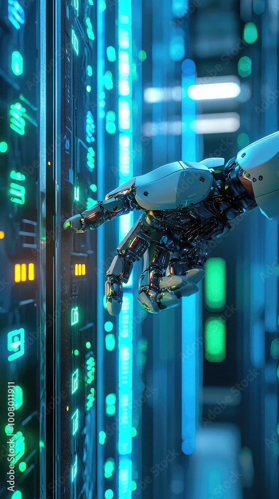 Poster a robotic hand interacting with a digital server, showcasing the fusion of technology and artificial