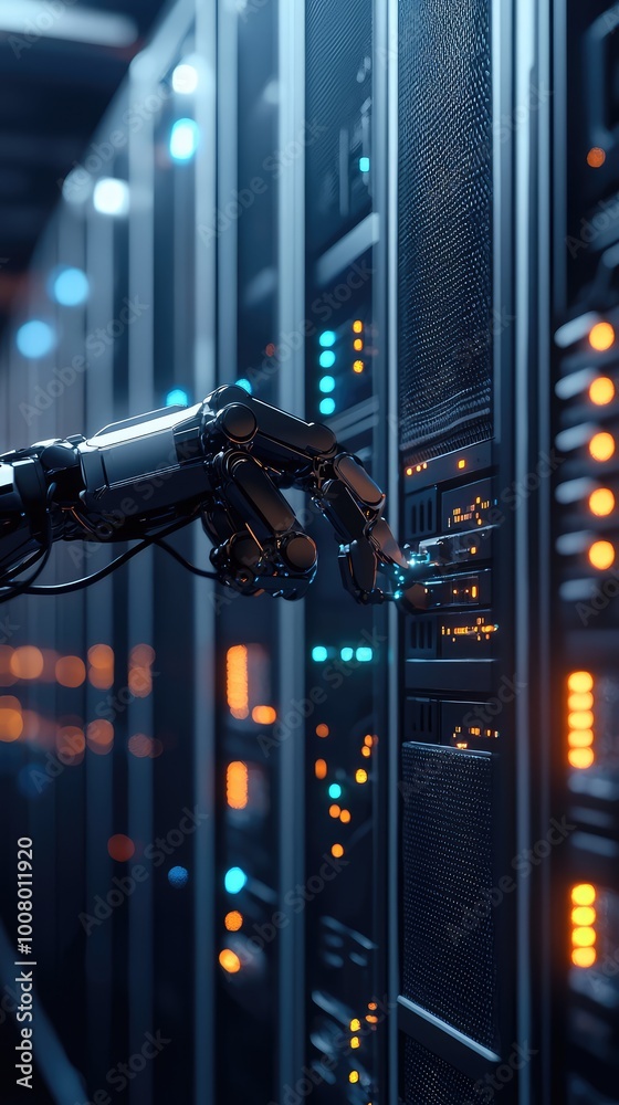 Poster a robotic hand interacting with a server panel in a high-tech data center, showcasing advanced techn