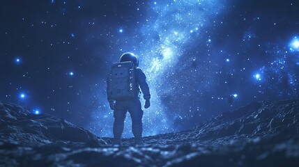 Obraz premium Capture a breathtaking scene of an astronaut standing on the surface of an alien planet, with a vast starry sky and distant galaxies in the background, reflecting the awe and wonder of space 