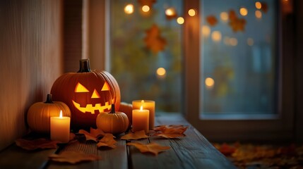 Glowing Halloween pumpkins and flickering candles on a rustic wooden table in front of a window with autumn leaves at night. This atmospheric scene creates the perfect Halloween ambiance with warm lig
