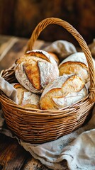A rustic basket filled with freshly baked artisan bread rolls, perfect for culinary displays and bakery promotion.