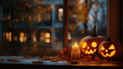 Fototapeta premium Glowing Halloween pumpkins and flickering candles on a rustic wooden table in front of a window with autumn leaves at night. This atmospheric scene creates the perfect Halloween ambiance with warm lig