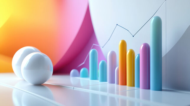 Colorful 3D bar graphs with data charts, representing business analytics, statistics, financial growth, and market analysis.