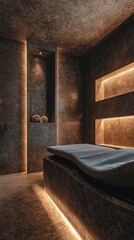 A serene and modern spa interior featuring soothing lighting and minimalistic design for relaxation and wellness.