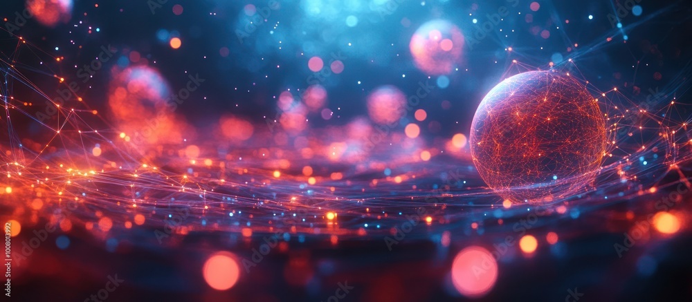 Wall mural abstract digital sphere with glowing lines and particles.