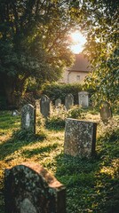 A serene cemetery scene at sunset, with gravestones surrounded by lush greenery and a warm, golden light filtering through trees.