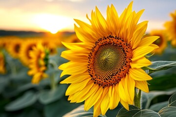 Obraz premium A hyper-detailed shot of a sunflower field at sunrise, with the golden petals glowing in the early morning light, each flower rendered in vivid detail