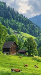 Obraz premium A serene countryside scene featuring lush green hills, grazing cows, and a rustic wooden farmhouse under a cloudy sky.