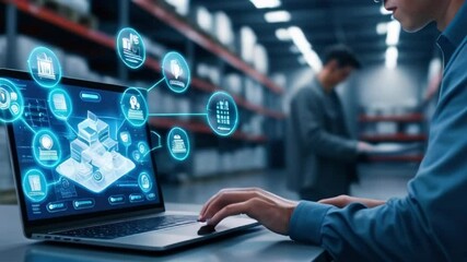 A male professional, focused and engaged, analyzes digital data on a laptop in a modern warehouse setting created with generative ai - Powered by Adobe