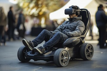 Man wearing VR headset driving a self-driving vehicle