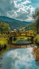 Naklejka premium A serene landscape featuring a wooden bridge over a calm river, surrounded by lush greenery and majestic mountains under a cloudy sky.