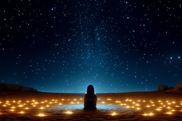 A lone person staring up at the night sky, surrounded by an expanse of stars, symbolizing the existential feeling of insignificance in the face of the cosmos