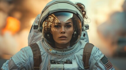 A beautiful female astronaut walking with purpose through a street with a hyper-focused and concerned expression.