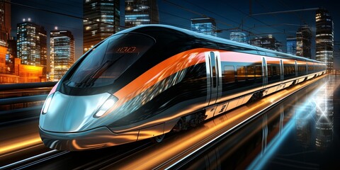 Fototapeta premium A sleek, modern high-speed train, illuminated by city lights, streaks through the night, leaving a trail of shimmering light in its wake.