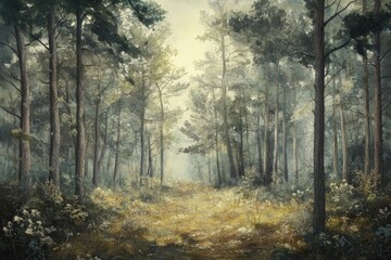 Fototapeta premium Sunlit Path Through a Dense and Tranquil Forest