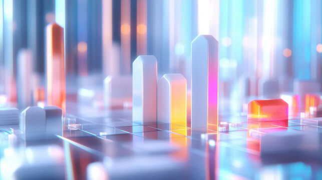 Colorful 3D bar graphs with data charts, representing business analytics, statistics, financial growth, and market analysis.