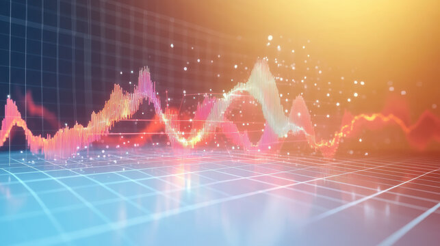 Colorful 3D bar graphs with data charts, representing business analytics, statistics, financial growth, and market analysis.