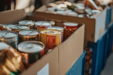 Filled with canned goods and dry food, the donation bins in this close-up capture the spirit of community-driven charity