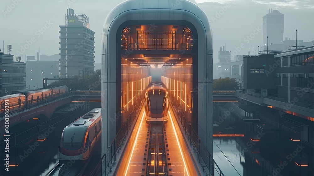 Poster magnetic railway urban, futuristic container style structure.
