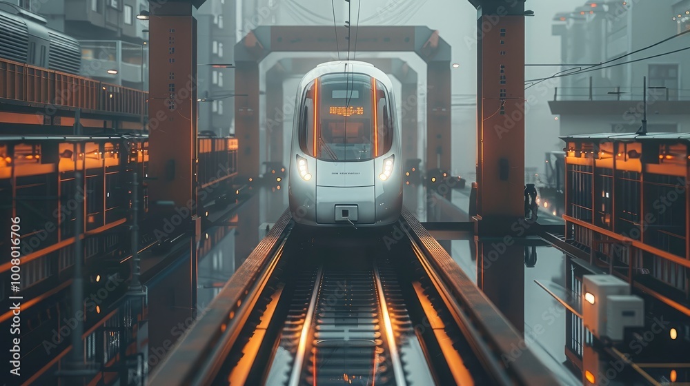 Poster magnetic railway urban, futuristic container style structure.