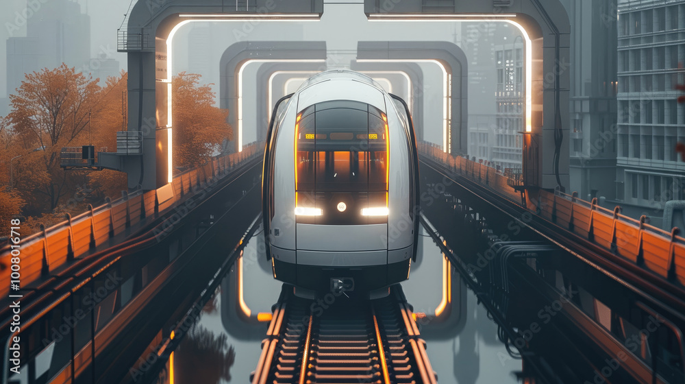 Poster magnetic railway urban, futuristic container style structure.