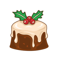 Christmas pudding with red berries vector illustration isolated on white background, decorative design element, sticker, greeting card.